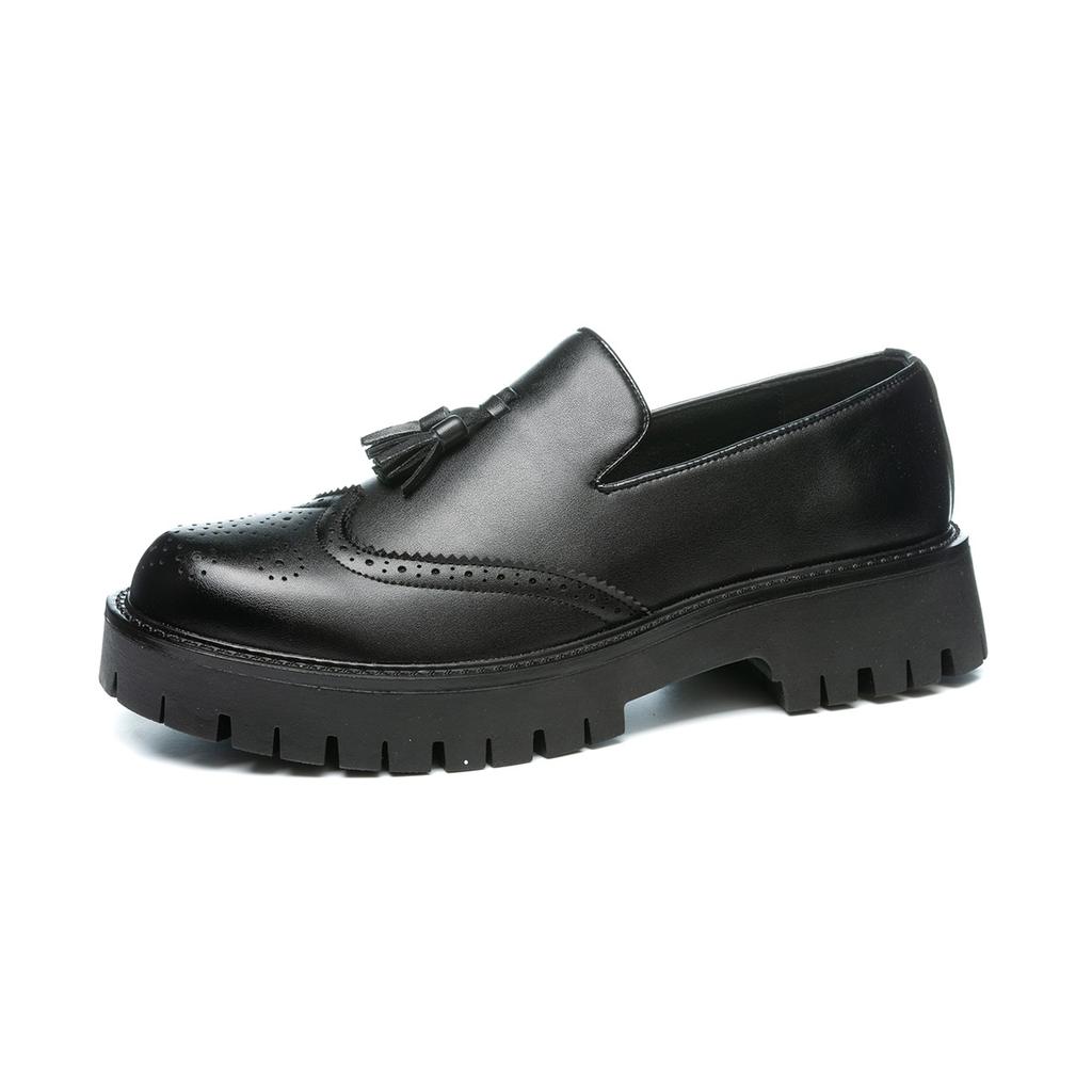 New Retro Fringed Men's Solid Color Loafers Round -Toed And Thick -Heeled Casual Dress Shoe Classic Office And Party Dress Shoes