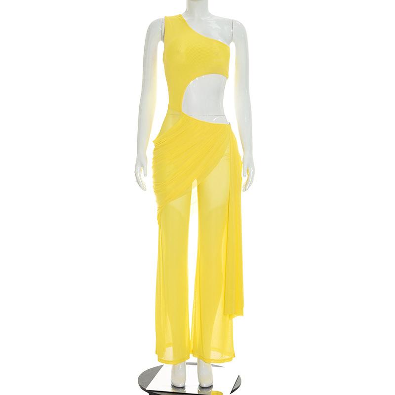 Women One Shoulder Cut Out Crop Top And High Waist Palazzo Pants Set Vintage Drape Sleeveless Wide Leg Long Pants Two Piece Outfit S