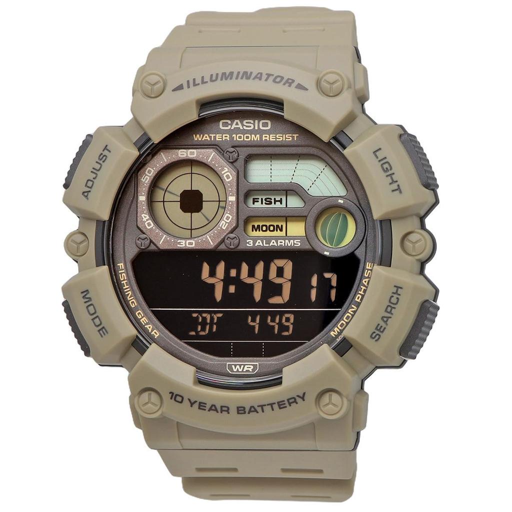 Casio Digital Men's Watch WS-1500H-5BV with Fishing Data & Moon Data Display, Black Inverted LCD, Khaki, Overseas Model [Parallel Import]