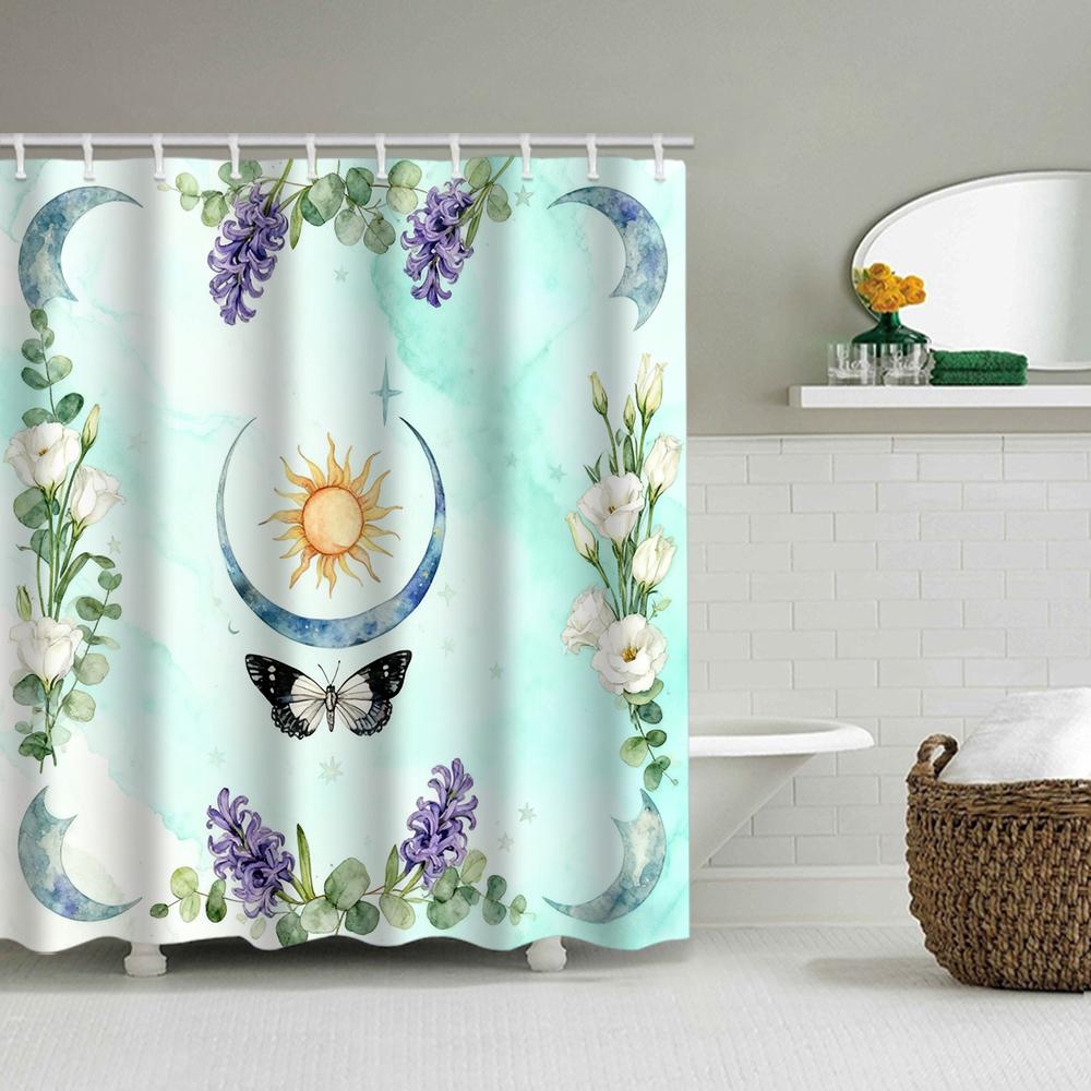 1/4 Marine Organisms Print Shower Curtains, Toilet Seat Decoration, Shower Curtain with Carpet and Toilet Lid, 70.8x70.8 Inch