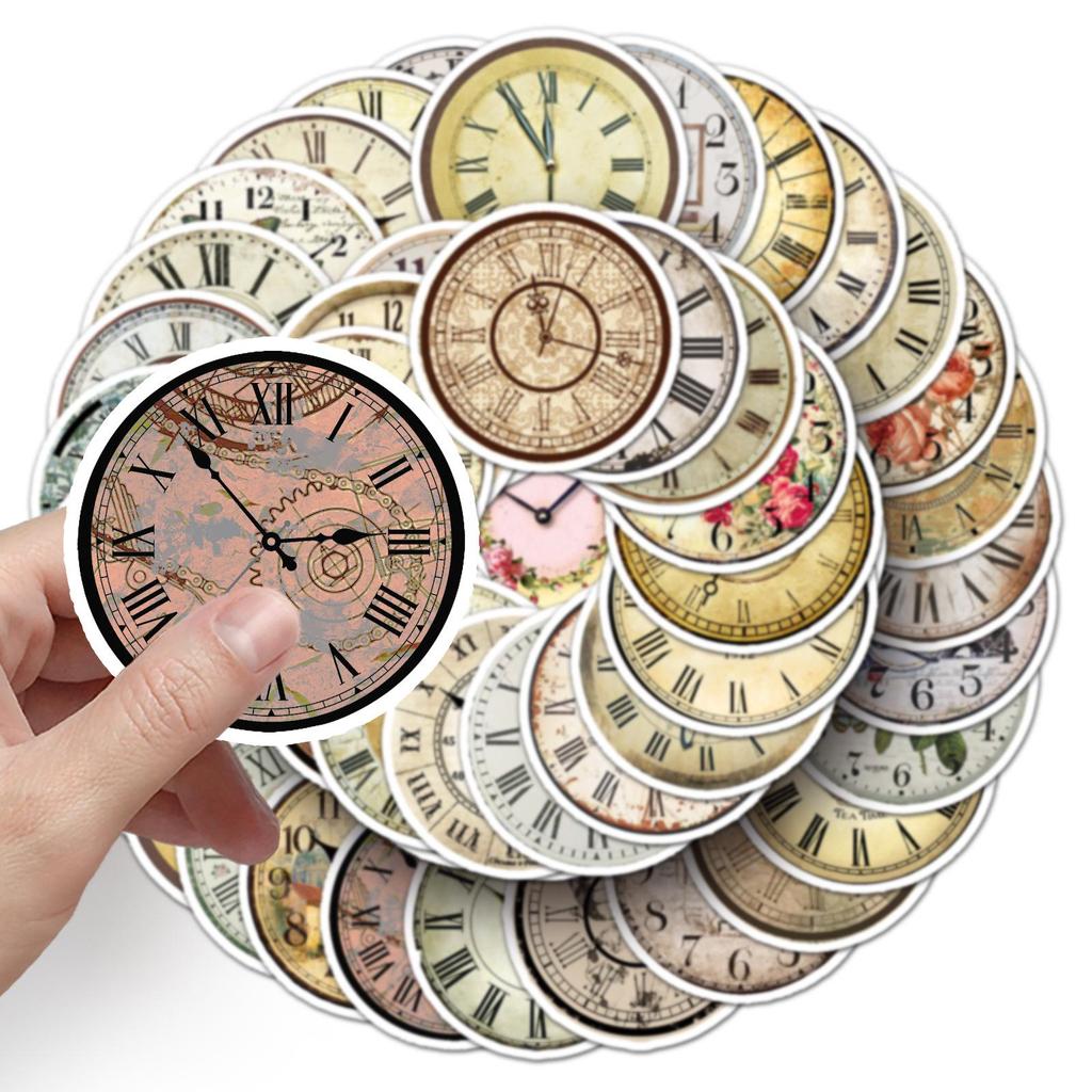 50PCS Waterproof Retro Clock Stickers: Vintage Creative Designs for Scrapbooks, Cards, and Water Bottles