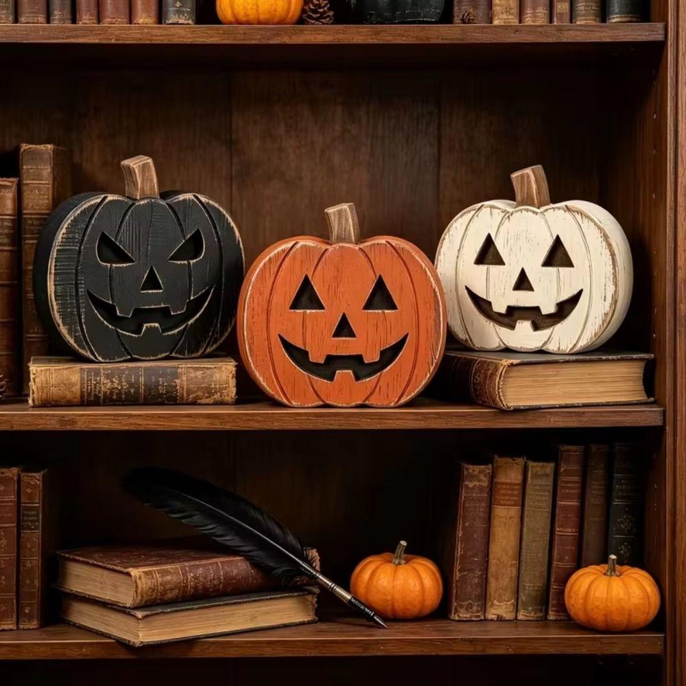 3PCS Freestanding Wooden Pumpkin Hand Painted Halloween Ornament Tiered Tray Decor Alloween Party