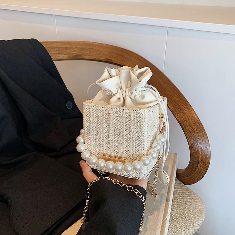 

Stylish Woven Handbag For Women With Chic Chain Strap And Versatile Design In White And Khaki