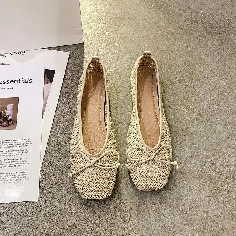 Fashion Fashion Leather Casual Ladies Footwear Flats Flat Apricot Women's Shoes Kawaii Cute Square Toe With Bow Shoe Young Wholesale