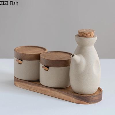 Barattolo per spezie da cucina giapponese, set di saliera e pepiera, set di oliera in ceramica, utensile per condire a tinta unita