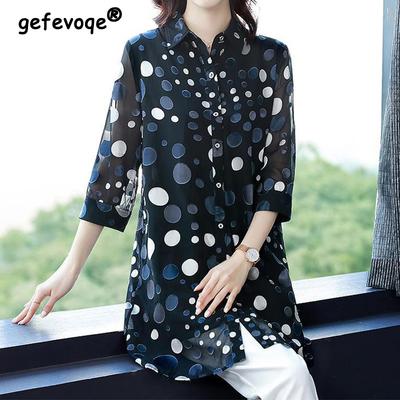 Casual Vintage Polka Dot Button Long Shirt Summer New Office Lady Polo-Neck Three Quarter Sleeve Loose Tops Ladies Clothing