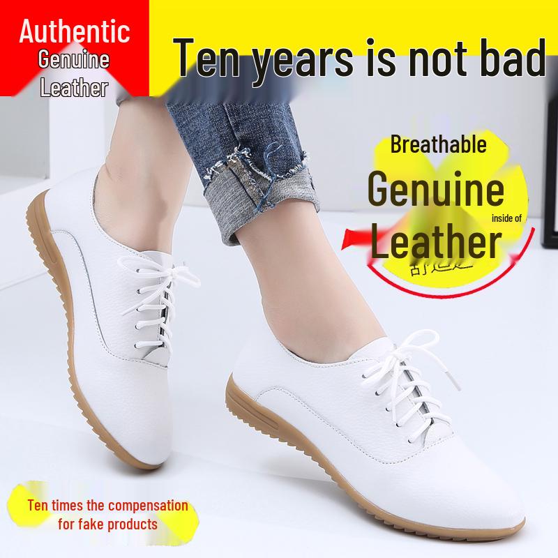 White Women's Genuine Leather Sneakers - Soft Sole, Casual Flat Shoes for Spring 2025