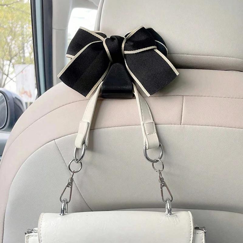 2pcs Cute Bow Car Seat Back Hooks Storage Hook Headrest Organizer Rack Grocery Bag Handbag DecorationInterior Accessories