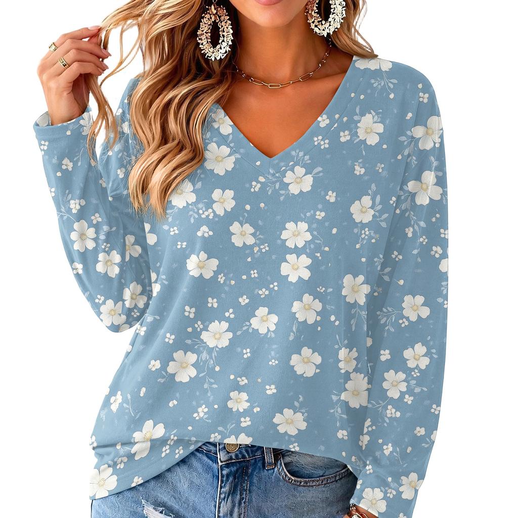 Women's V-Neck Long Sleeve Print Lightweight Blouse for Spring and Summer