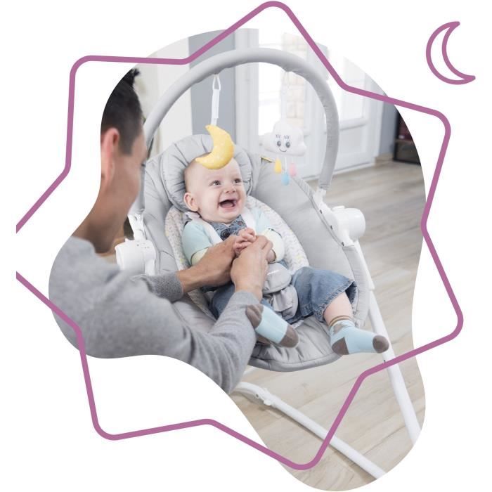 Badabulle - Moonlight - Transat Bébé Evolutif - 5 Positions Hauteur - Fixe ou Balancelle - Arche de Jeux et Têtière - Garantie à vie