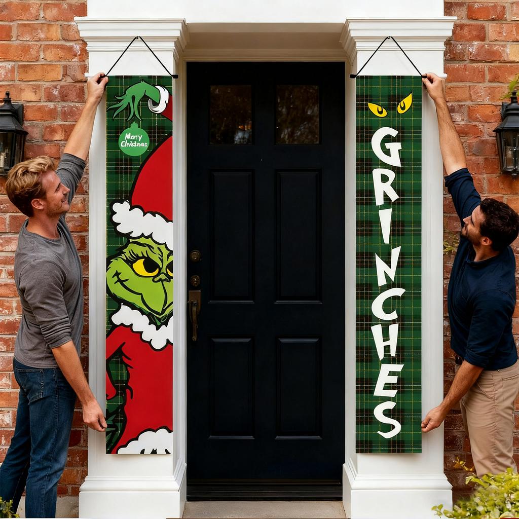 New Arrival! 30*180cm Christmas GreenGhost Couplets - Polyester,Durable& Eye-catching Design for Home & Cafe Decoration.