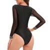 Sexy One Piece Swimsuit Swimwear Women Black Mesh Long Sleeves Deep V-neck Bathing Suit Beachwear Maillot De Bain Femme