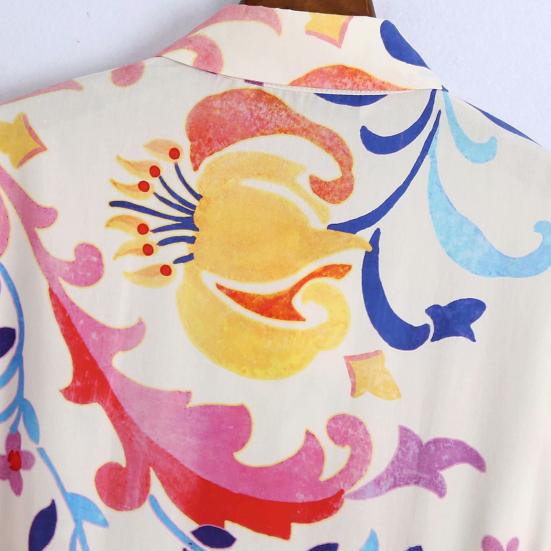Floral Print Women Dress Turn-down Collar A-Line 45720 Sleeve Single-breasted Mid-Calf Shirt Dress