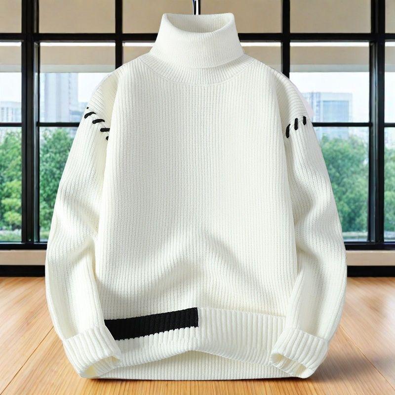 Suéter de Punto Grueso de Cuello Alto para Hombre - Manga Larga Color Sólido Top Casual de Moda
