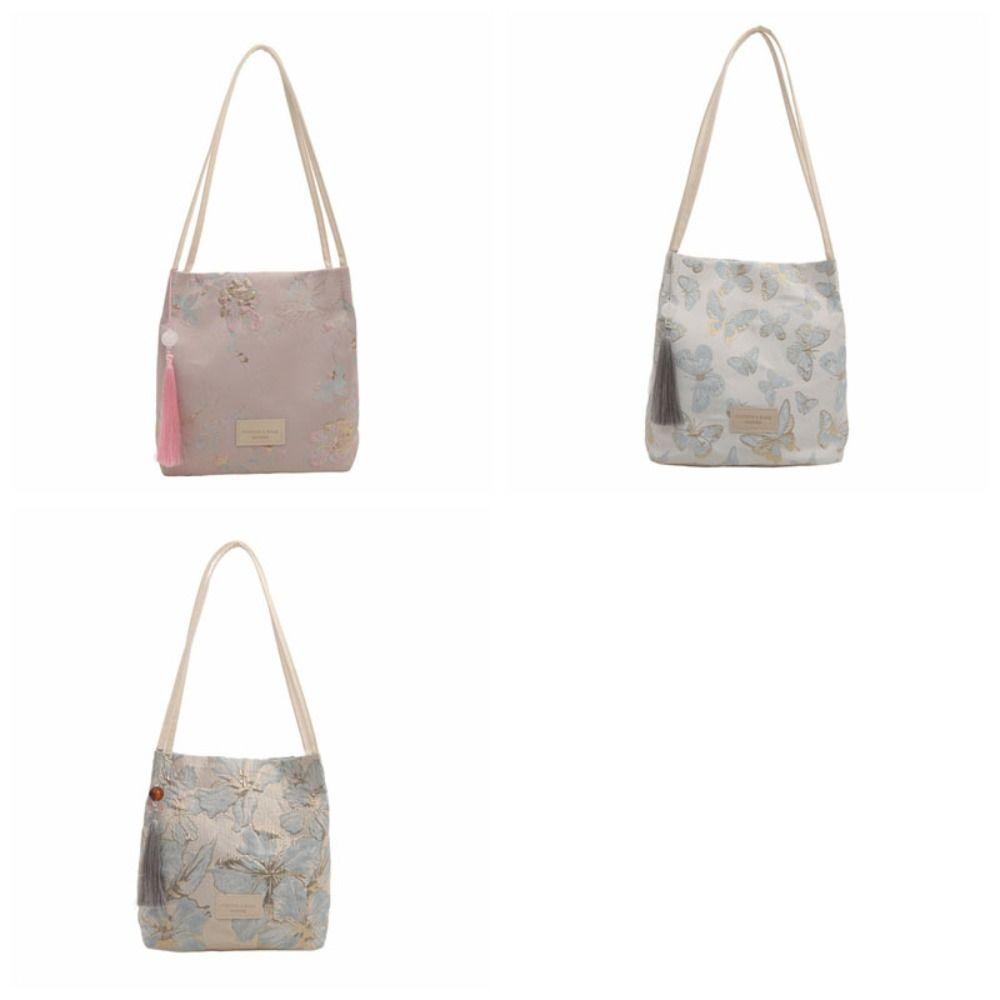 Large Capacity Embroidery Shoulder Bag Butterfly Women Handbag Sweet Flower Bucket Bag Outdoor