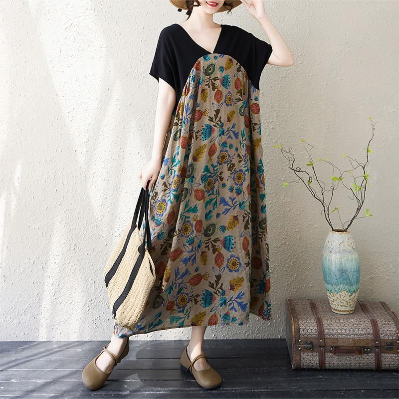 Dimanaf New 2025 Plus Size Summer Dress Women V-Neck Vintage Printing Casual Loose Short Sleeve Dress Maxi
