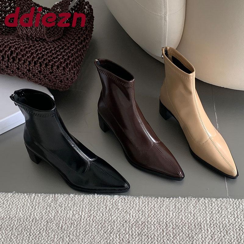 Fashion Female Pointed Toe Modern Women Ankle Boots With Zippers Shoes Square Heels Fashion Elastic Ladies Stretch Boots Shoes