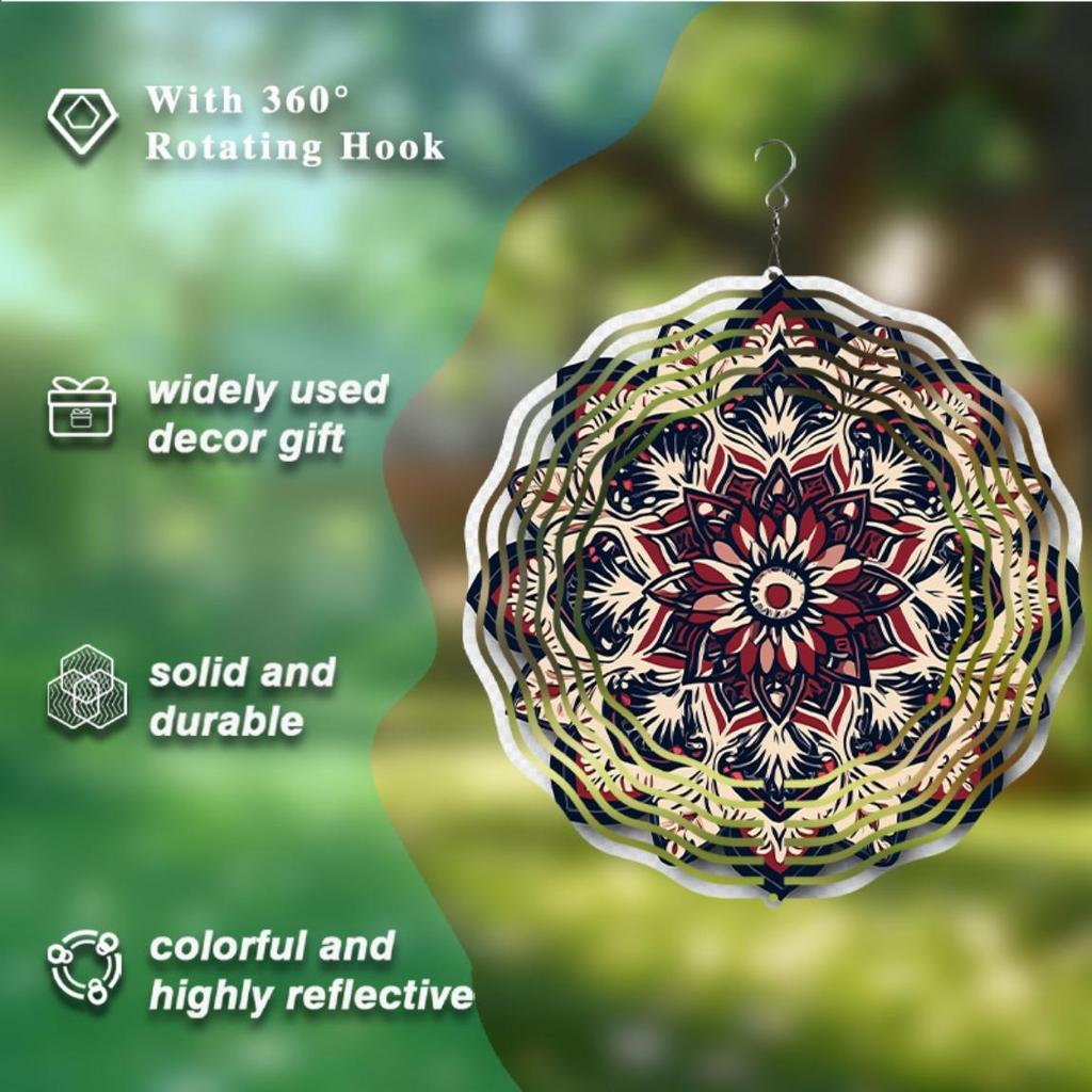 10 Zoll Mandala Windspiel Metallkunst Dekor mit 360 Haken Lebendige Blumenmuster für Garten Balkon Terrasse Outdoor Hängeornament