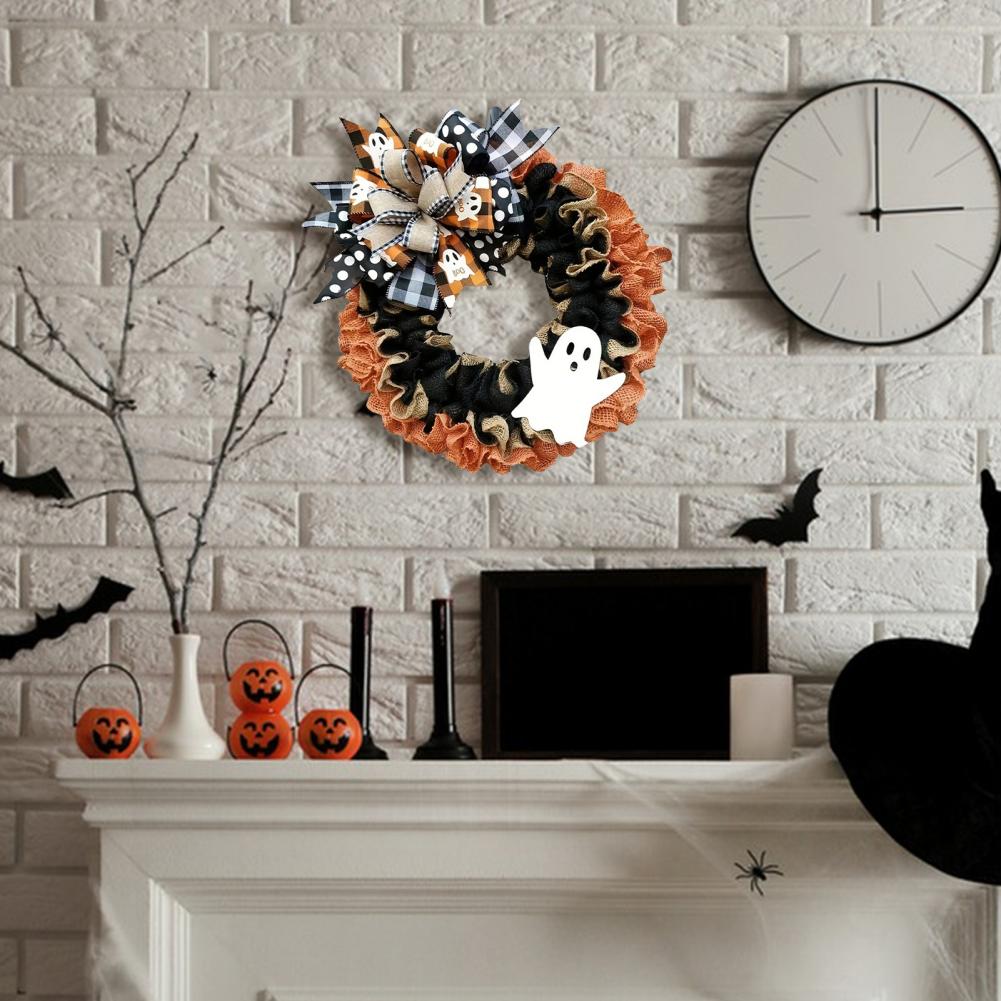 Happy Halloween Decorations Rustic Halloween Ghost Wreath with Plaid Bow for Farmhouse Porch Decor Spooky Front Door Decoration