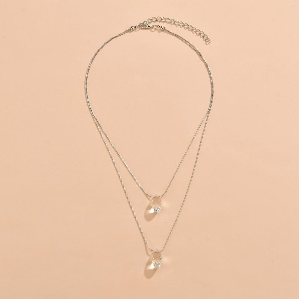Transparent Water Drop Crystal Double Layer Stacked Necklace Female Metal