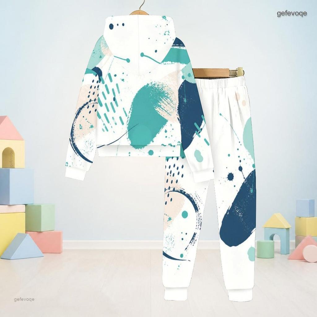 Kids Abstract Geometric Printed Hooded Long Sleeve Sweatshirt And Cuffed Pants Two Piece Set