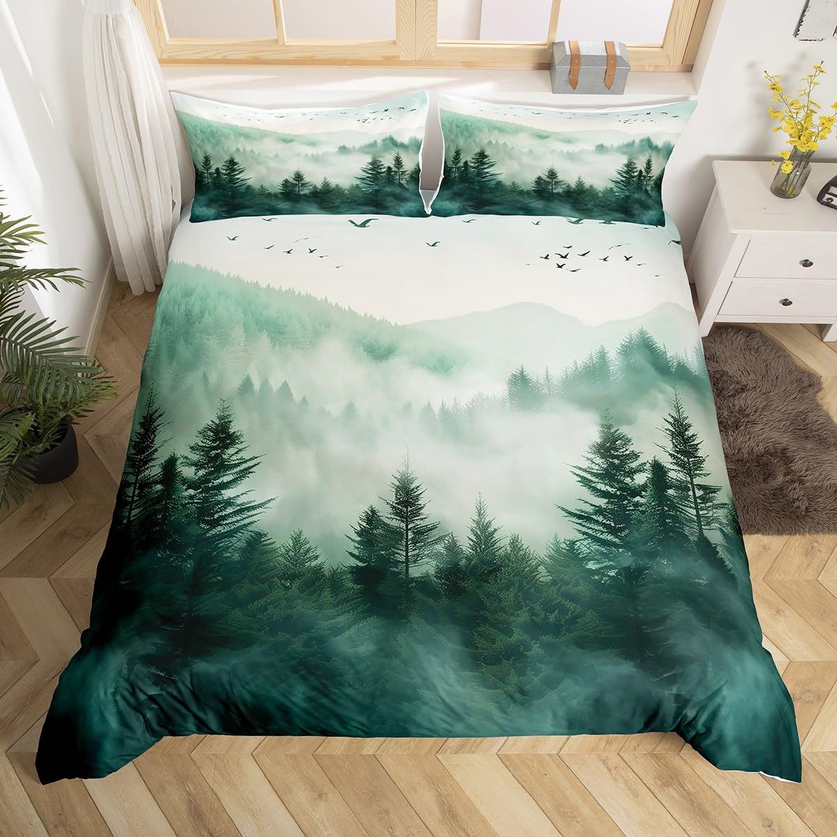 

Smoky Mountain Duvet Cover Pineforest Quilt Cover Twin King Woodland Tree Natural Scenery Bedding Set for Boys Girls Rustic Room EU Single(135*200cm)3pcs
