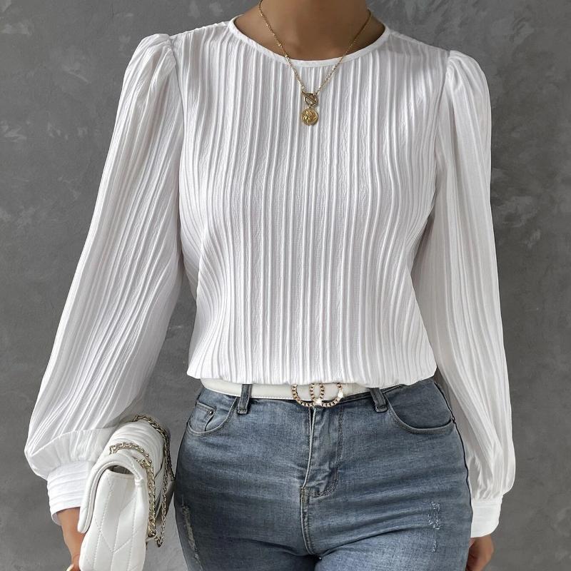 

YYFS женские модные повседневные весенне-осенние однотонные блузки и рубашки с круглым вырезом и длинными рукавами с принтом XXL белый