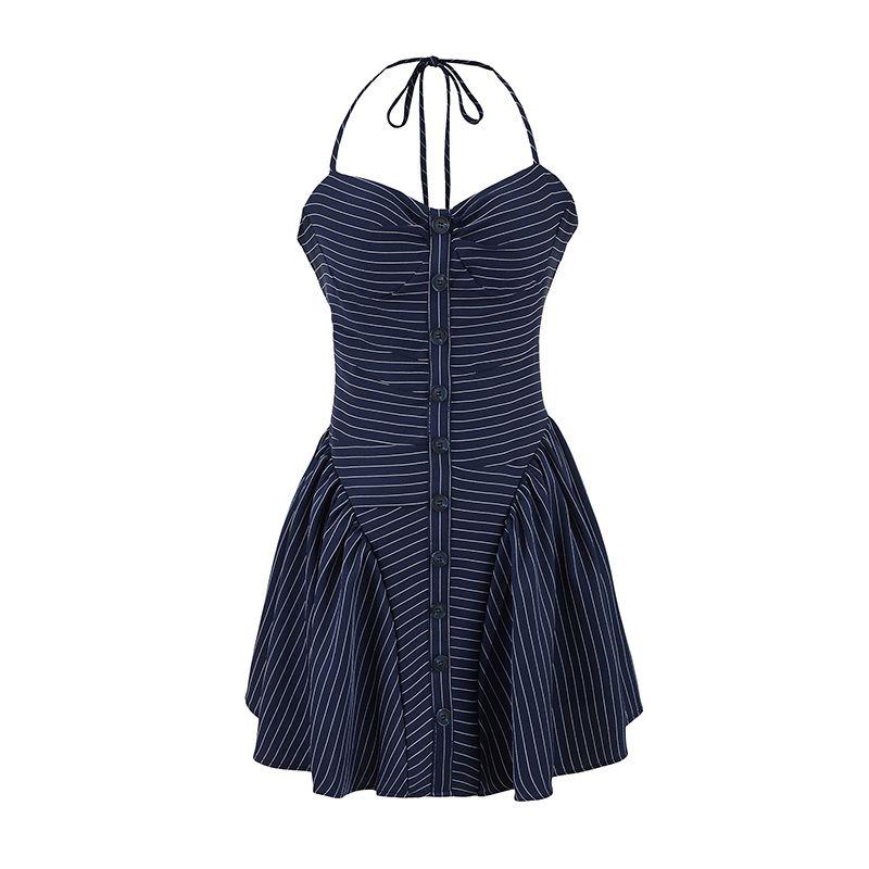

Iceland Fog Blue French Pure Desire Sexy Stylish Stripes Halterneck Dress Sexy Backless Waist Trimming Dress Navy blue Stripes S