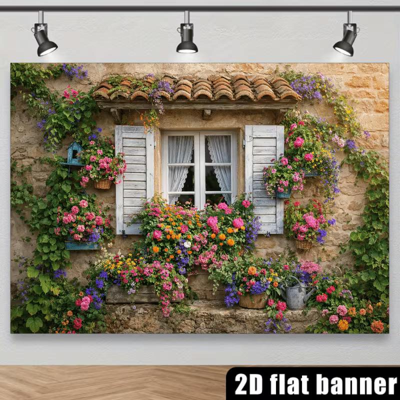 2D Vintage Stone House with Flower Boxes & Ivy Backdrop Photo Background