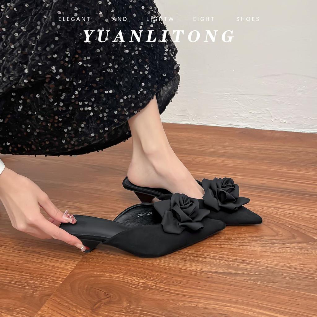 French Pointed Single Shoes Camellia Bag Head Cool Slippers Women's Summer Versatile Muller Shoes Women's 2025 Casual High-heeled Sandals