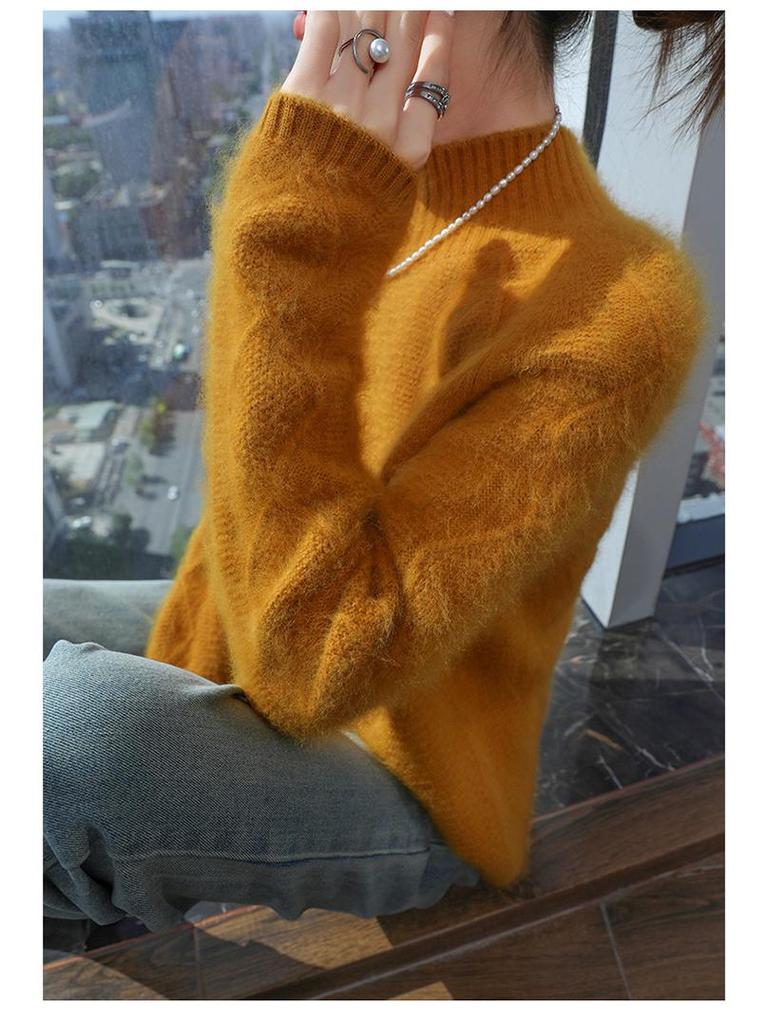 Women's Mink Cashmere Sweater, Semi-High Neck, Thick Loose Knit Pullover