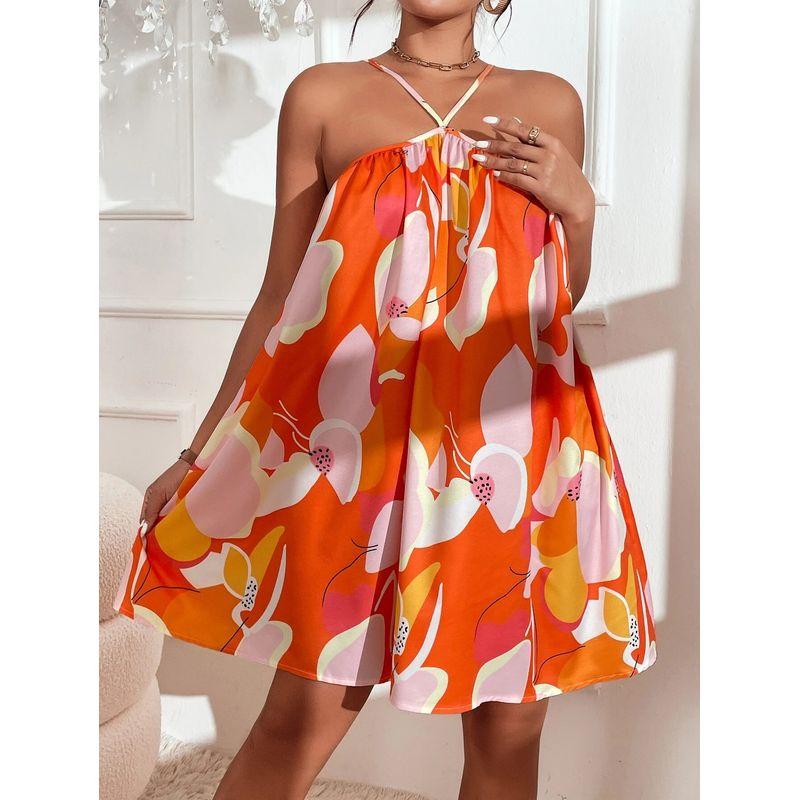 Small Summer Fashion Style Tube Top off-Neck Printed Sexy Open Back Adjustable Halterneck Sleeveless Dress Skirt