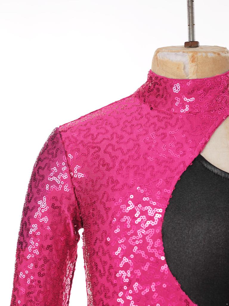 Mädchen Glitzerndes Pailletten Tanzkostüm Asymmetrischer Ärmel Body mit Kontrast Tüllrock für Bühnenshows und Wettbewerbe