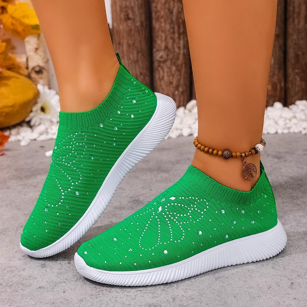 Fashion Casual Soft Sole Women's Shoes 2025 Spring and Autumn Round Toe Mesh Breathable Ribbon Rhinestone Soft Sole Non-Slip Flats