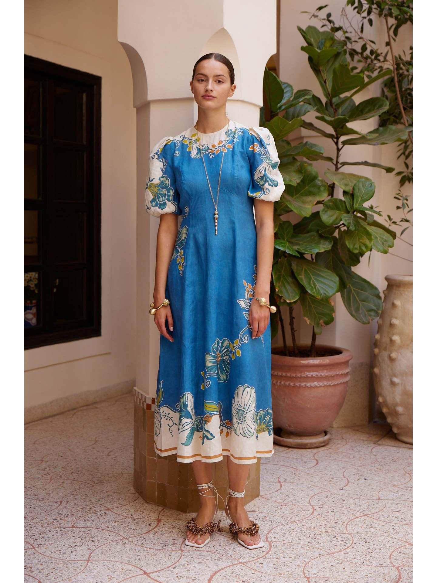 2025 Floral Linen Lantern Sleeve Dress with Round Neck and Waist-Cinching Design Small