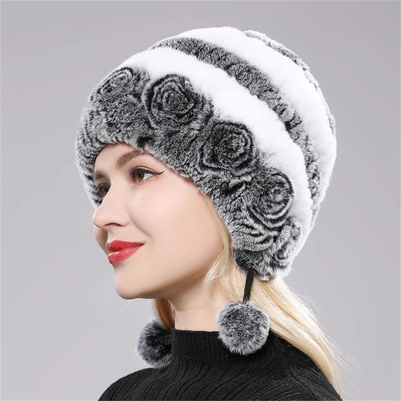 Winter Women's Natural Stripe Flower Rex Fur Rabbit Women