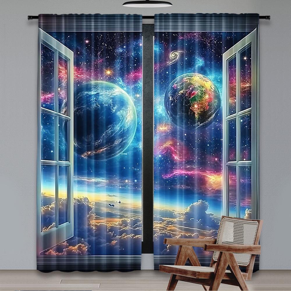 2Pcs Space Galaxy Curtains Universe Nebula Galaxies Solar Planet Suitable For Bedroom Living Room Dining Room And Bathroom