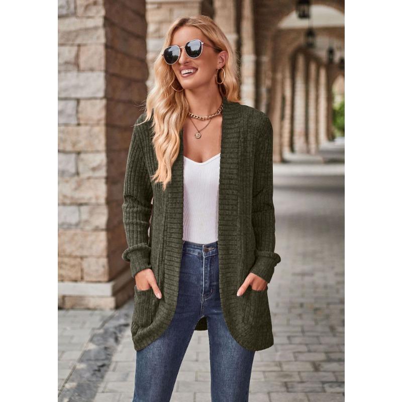 Einfarbige Strickjacke, Vielseitige Langarm-Taschen-Strickjacke, Frühlings- und Herbst-Strickjacke, Damenbekleidung