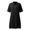 Damen V-Ausschnitt Knopf Kurzarm Kleid mit Taschen Lockerer Schnitt Lässiges Leichtes Tunika-Kleid für den täglichen Gebrauch