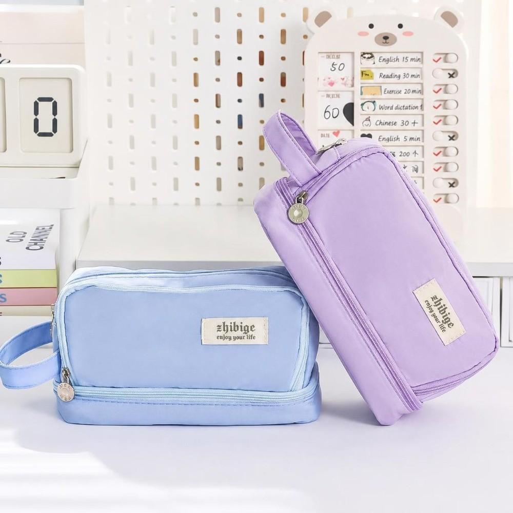 Zipper Closure Stationery Box Two Layer Storage Bag Portable Pencil Case Students