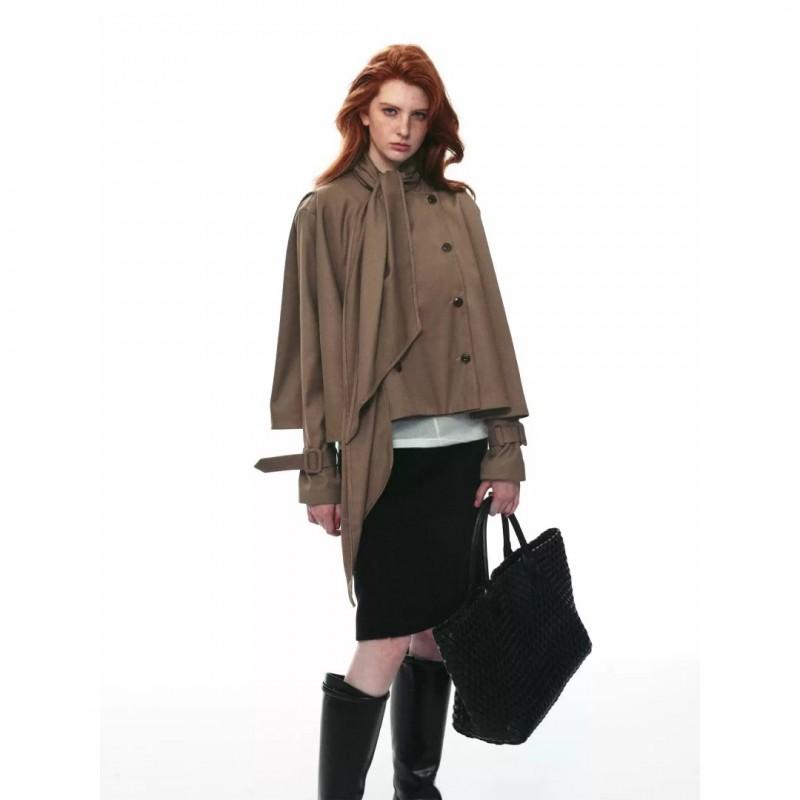 Womens Oversized Cape-Style Short Coat With Bow Collar Double Breasted Fall Jacket Casual Loose Fit