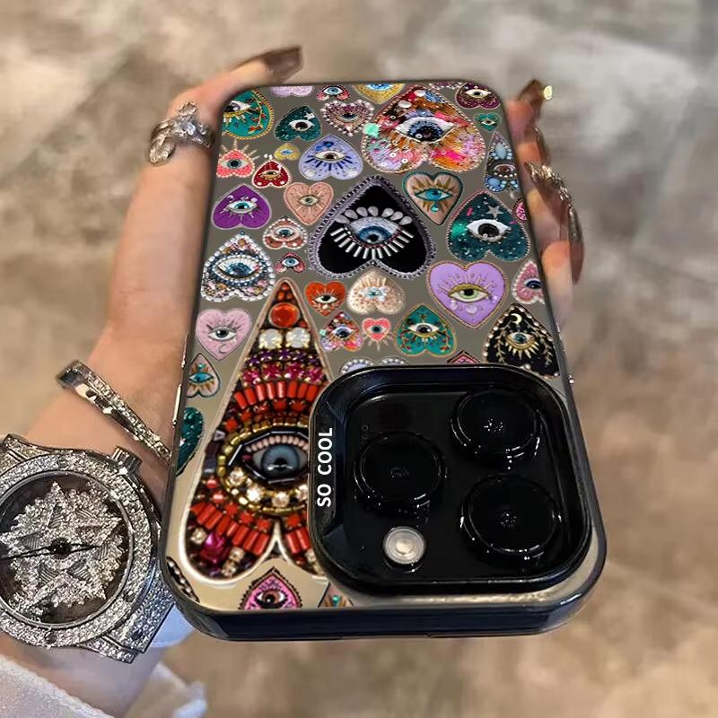Evil Eye Glossy Heart Pattern Electroplate Silver IMD Phone Case For iPhone 16 Pro Max 15 14 13 12 11 7 8 16 Plus X XS XR Cover