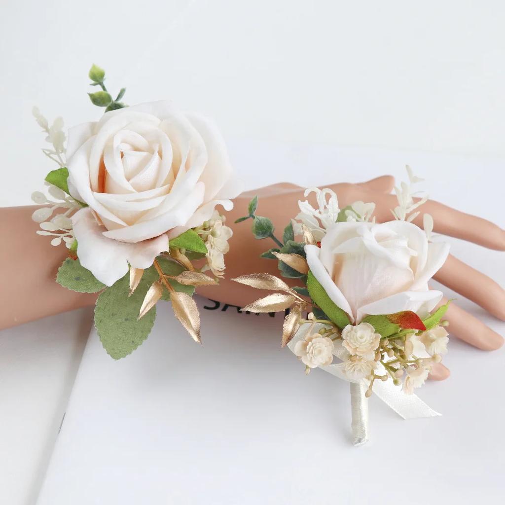 6pcs White Pink Corsage and Boutonniere Set Artificial Rose Wristlet Suit Flower for Men Wedding Party Prom Decoration