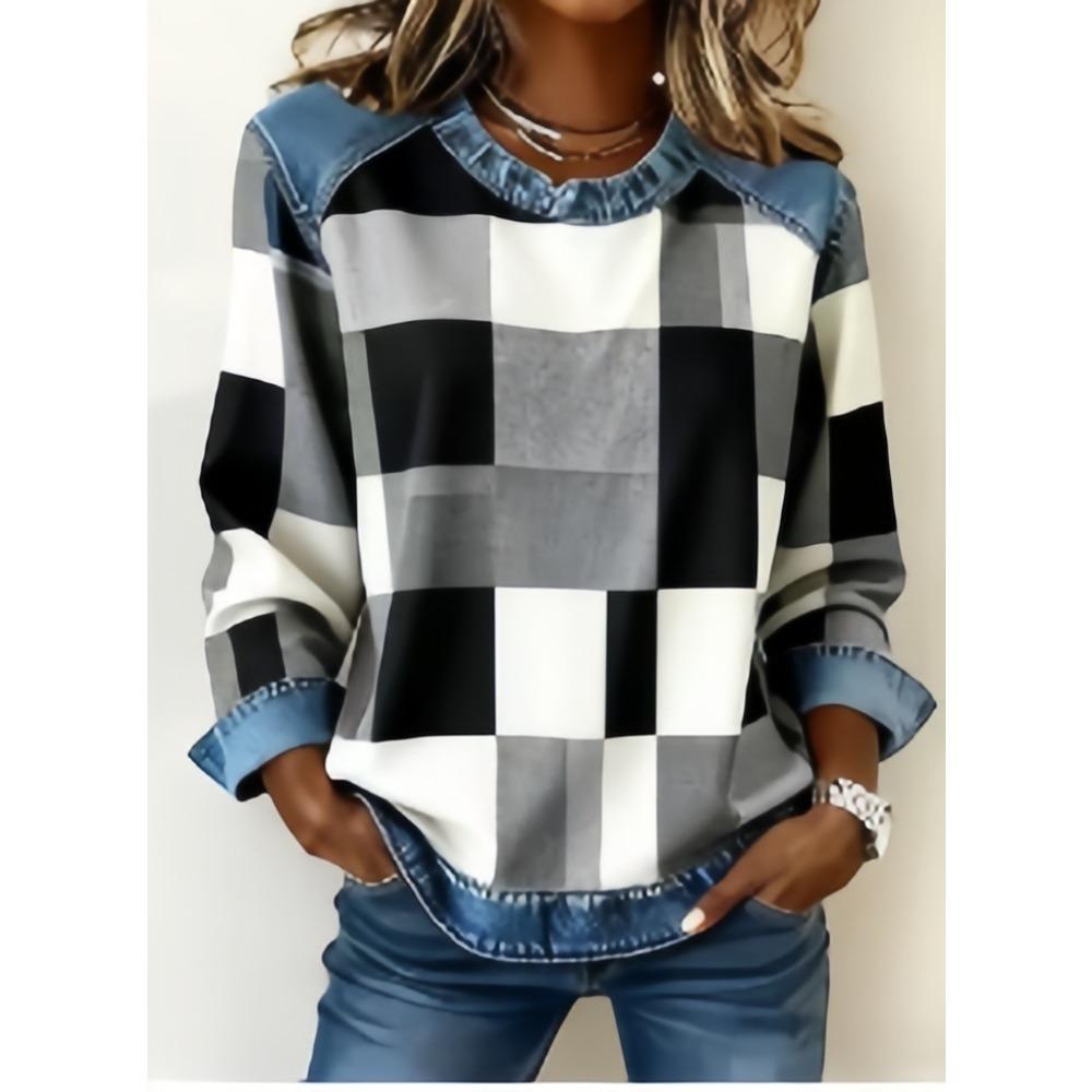 Damen karierter Patchwork-Kapuzenpullover aus Kunstdenim, Rundhals lockeres lässiges Sweatshirt, Mode bequemes Streetwear-Oberteil