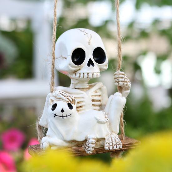 Skeleton And Ghost Cat Figurine Halloween Swing Skeleton Ornament Gothic Hanging Decoration for Car Rearview Mirror Home Halloween Party Decor