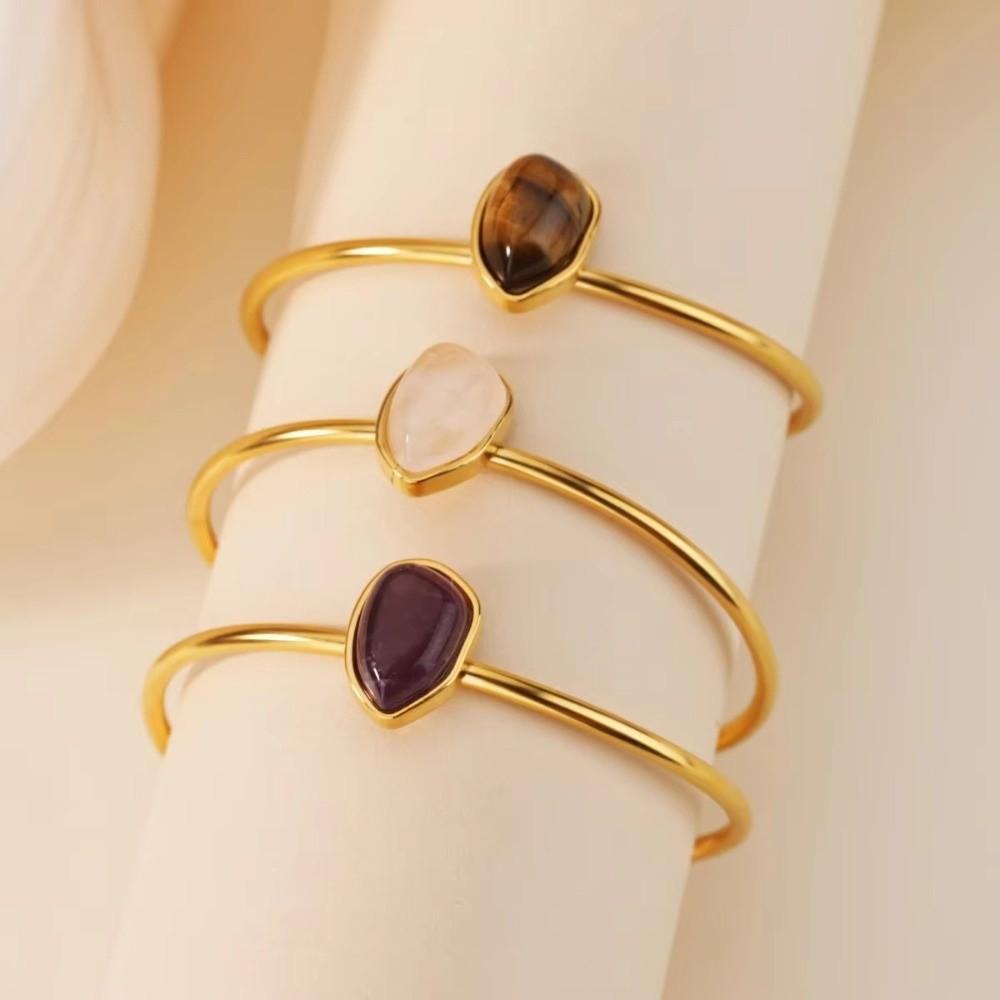 Gold-plated Oval Stone Bracelet Stainless Steel Cuff Bracelet Vintage Open Bangle  Women Jewelry