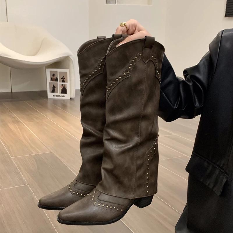 Autumn Winter Women Knee-High Boots Fashion Rivet Western Knight Booties Pointed Toe Square Heels Female Shoes