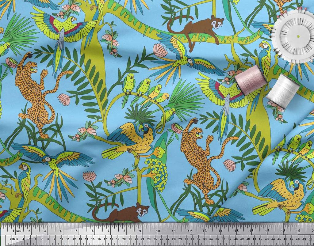 Soimoi Japan Crepe Satin Fabric Branches,Parrot & Leopard Jungle Print Fabric by the metre 42 Inch