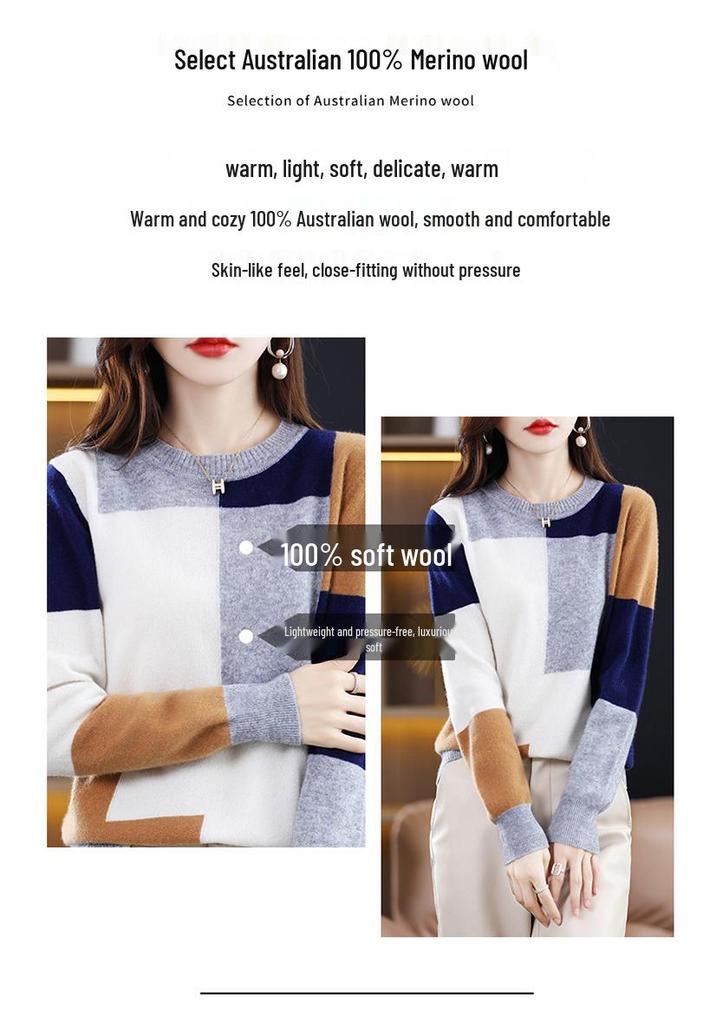 Women's 100% Pure Wool Patchwork Sweater - Round Neck Knitwear for Autumn/Winter 2025