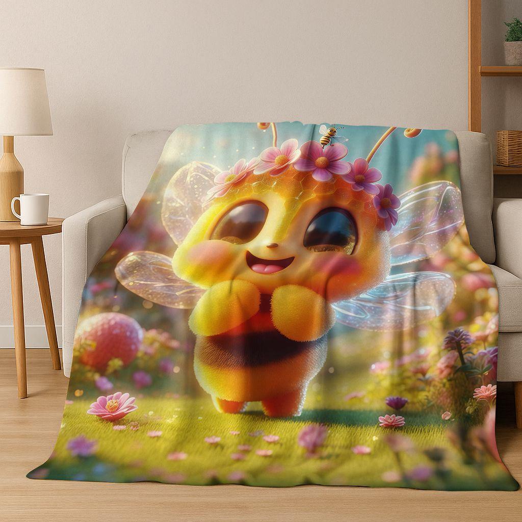 Cute Cartoon Bee HoneyBee Insect Art Flannel Blanket,Cozy Soft Throw Blanket for Home Bedroom Bed Sofa Picnic Cover Gift Kids